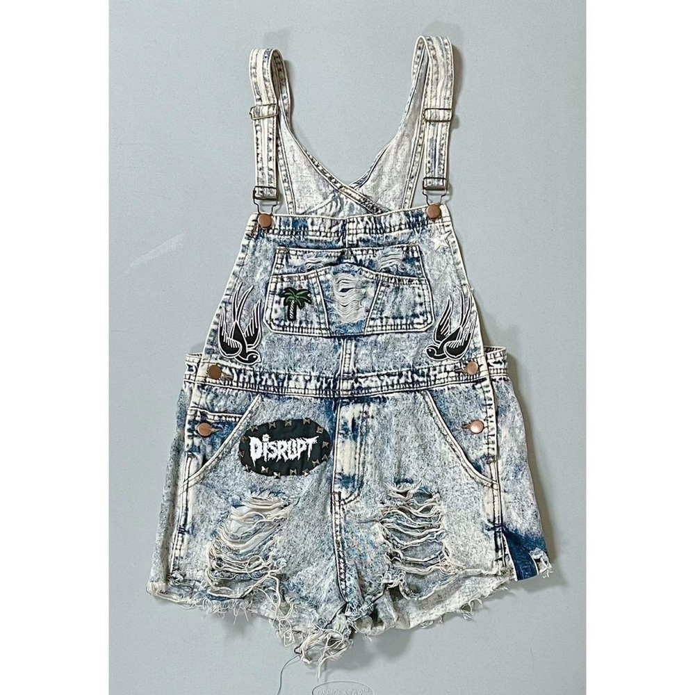 Acid-Wash ‘Disrupt’ ‘Rotten UK’ Punk Patches Denim Jean Shorts Overalls Size S ⛓